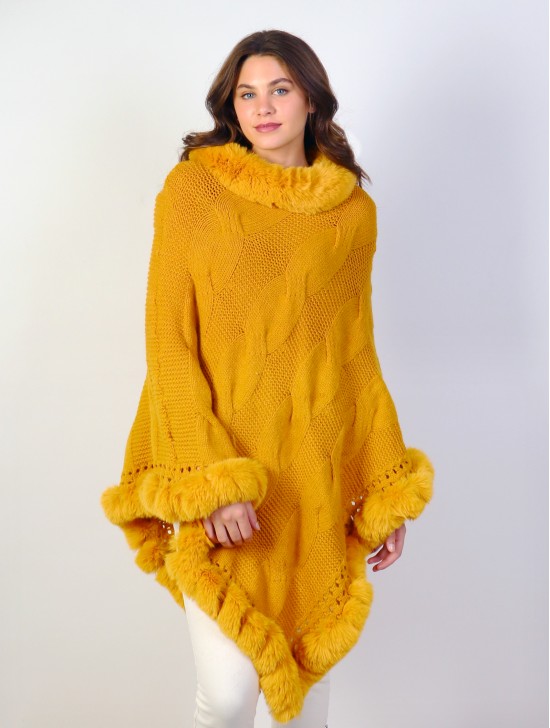 Solid Color Knitted Poncho W/ Fur Collar & Trim